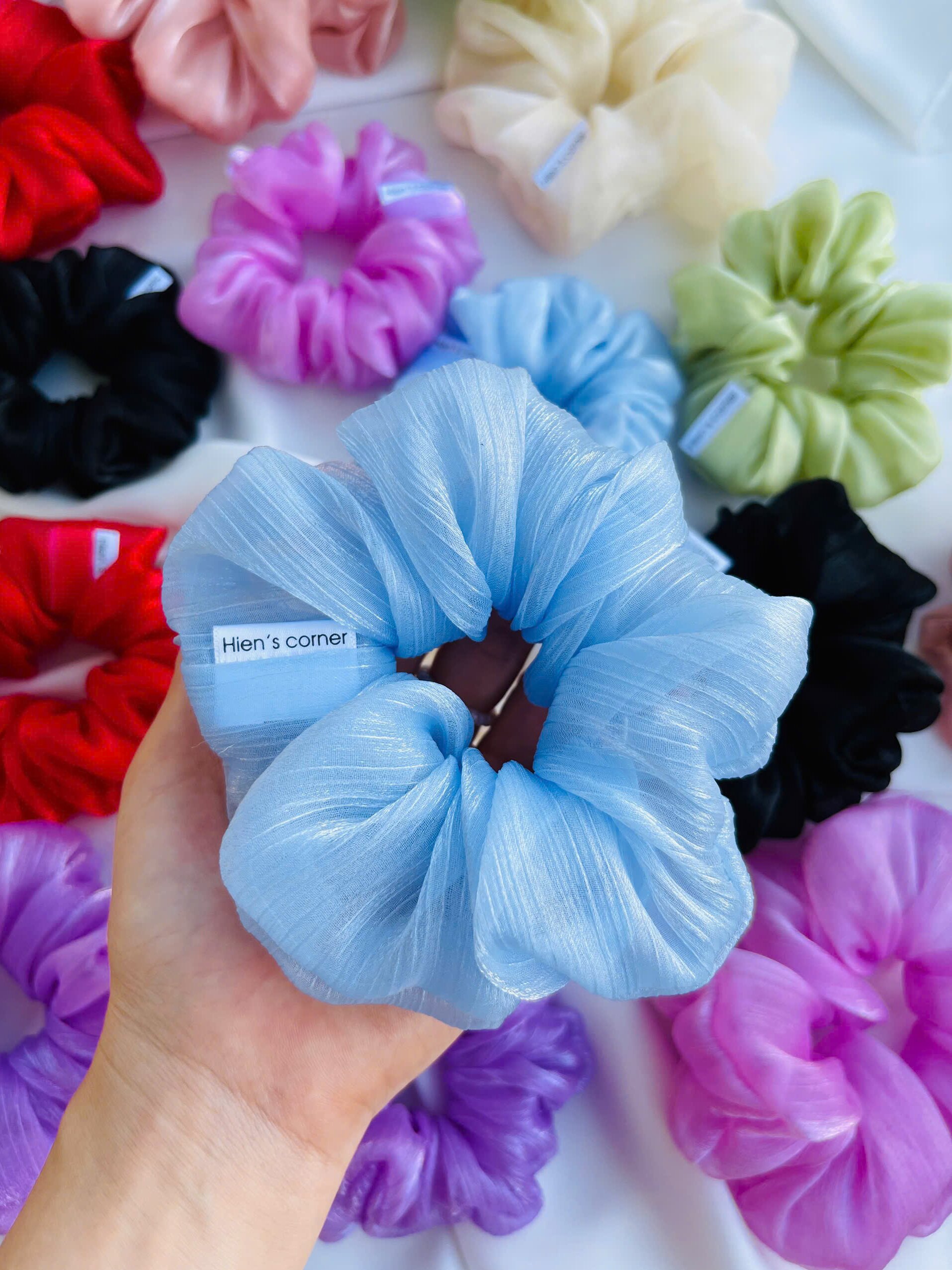 Cột tóc vải Scrunchies Voan tơ gân óng ánh bồng bềnh