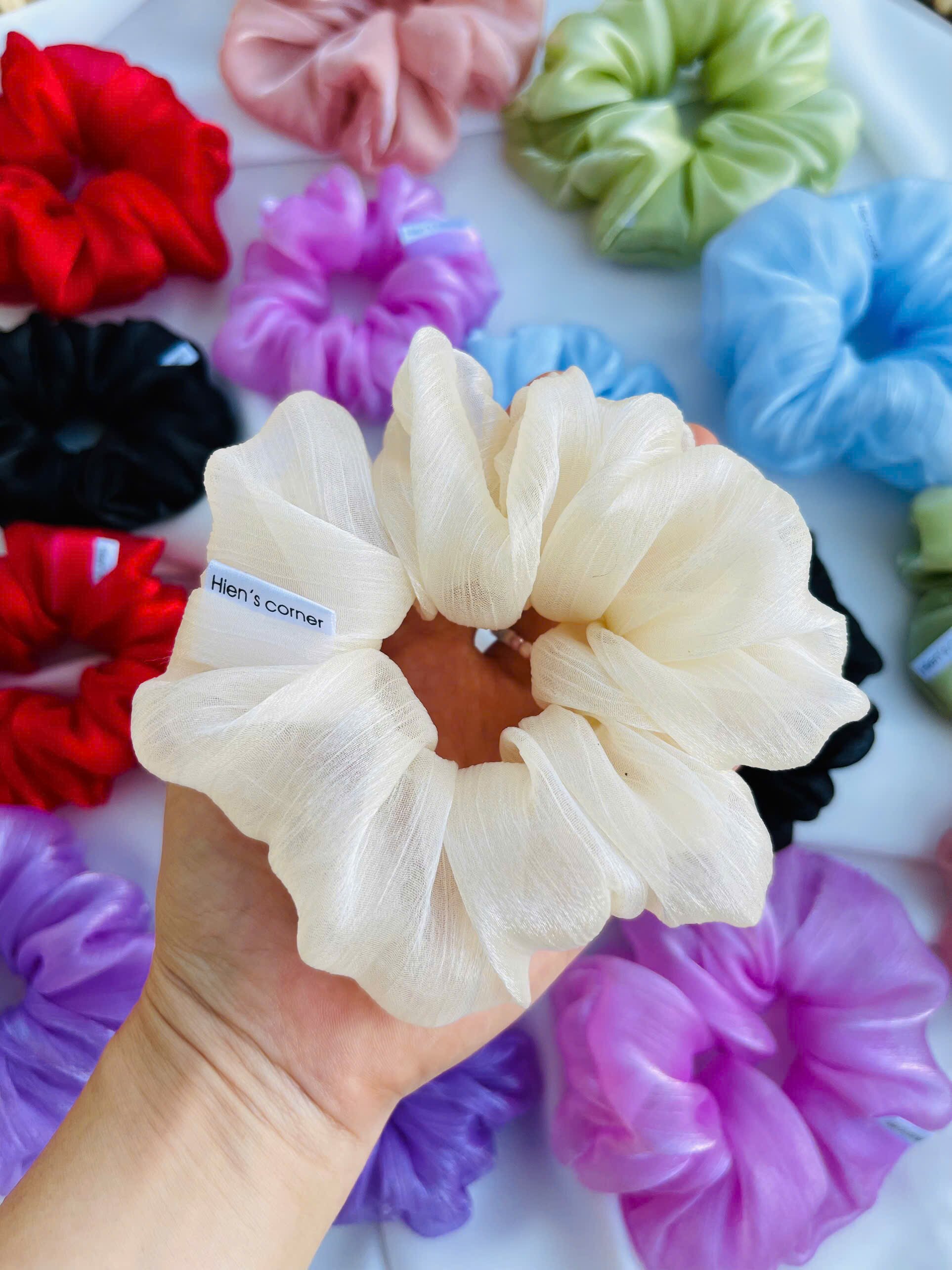 Cột tóc vải Scrunchies Voan tơ gân óng ánh bồng bềnh
