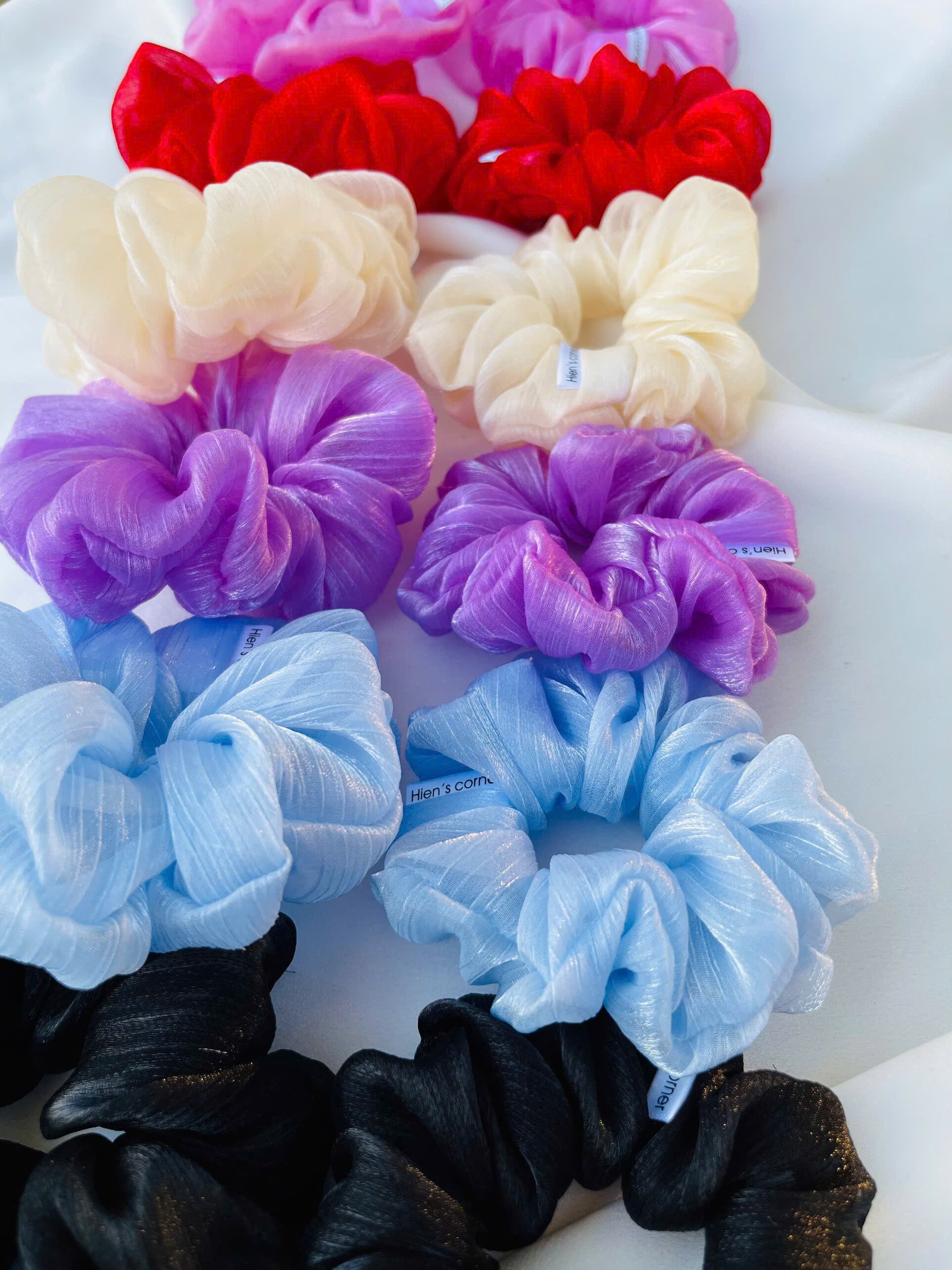 Cột tóc vải Scrunchies Voan tơ gân óng ánh bồng bềnh