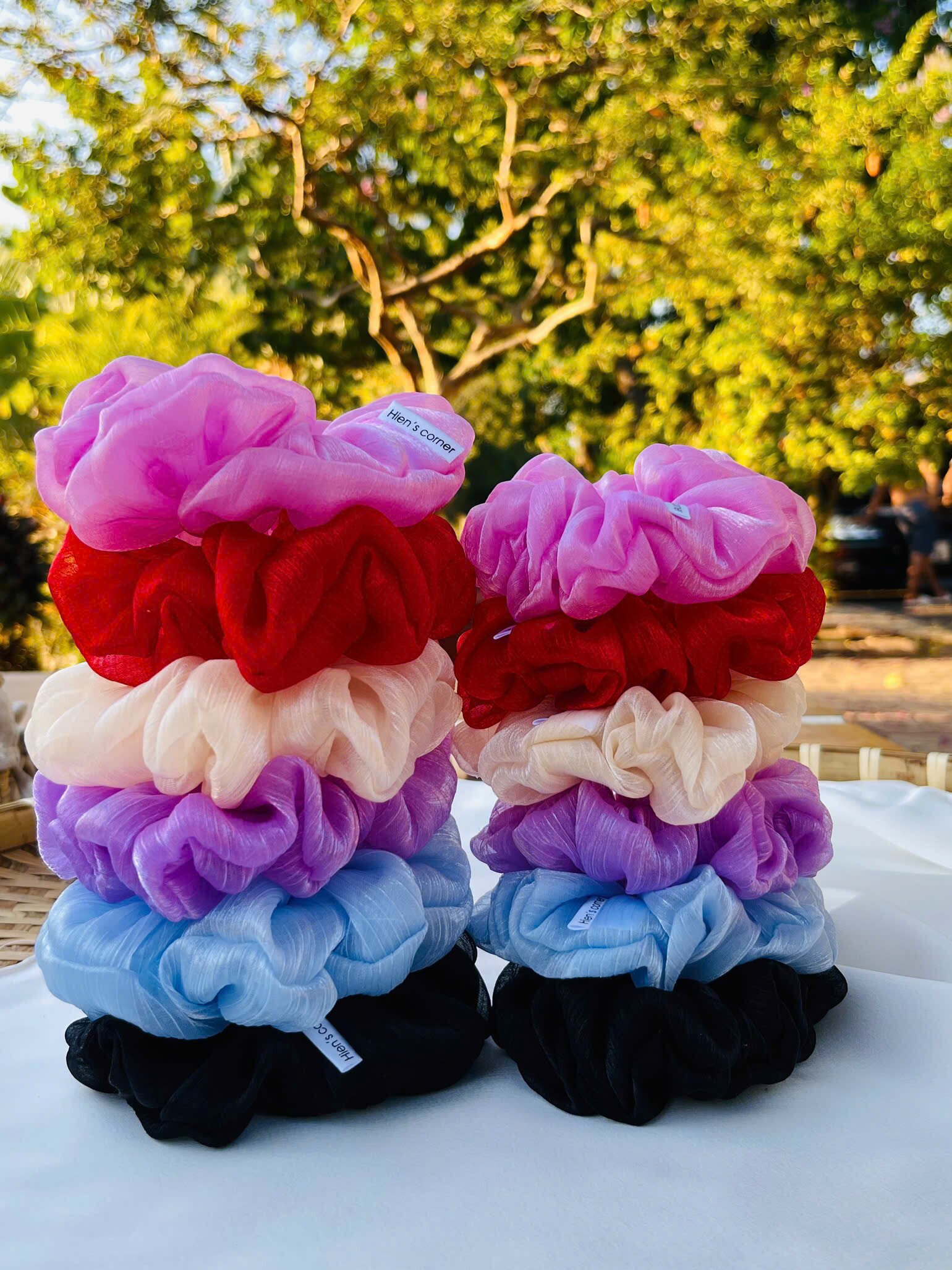 Cột tóc vải Scrunchies Voan tơ gân óng ánh bồng bềnh